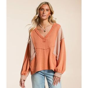 POL BKE Waffle Knit Striped Top Women's Large Carrot Multi Boho Oversized